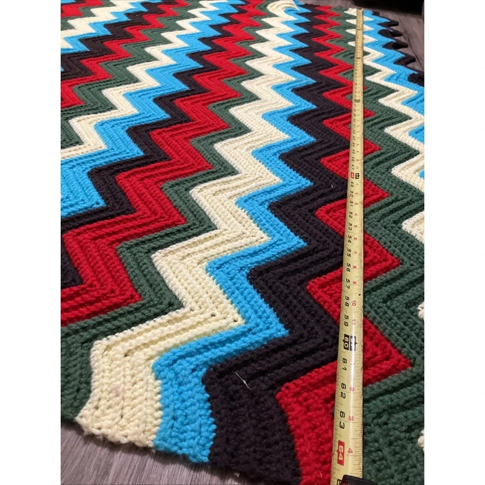 Vtg Hand Knit Crochet Blanket Throw Afghan Chevron Zigzag Pattern 65 X 65 Inches